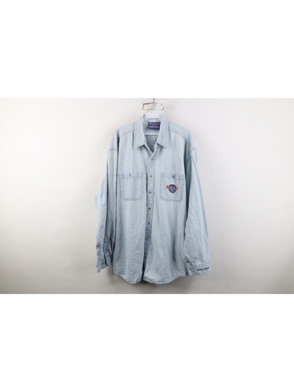 Vintage 90s Hard Rock Cafe Mens XL Faded Denim Jean Collared Button Down Shirt